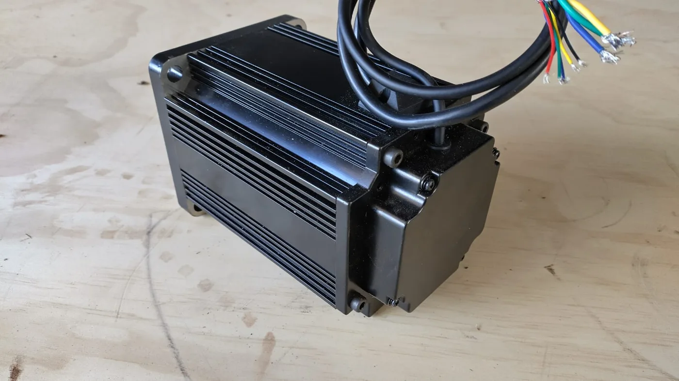 48V BLDC motor with finned aluminium housing and phase wiring
